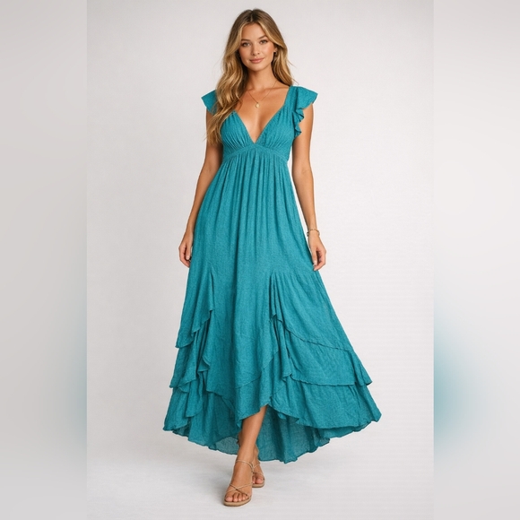 FREE PEOPLE 'Aquamarine' Cotton Teal Blue Flowy Coastal Maxi Dress - Size S - Picture 1 of 16
